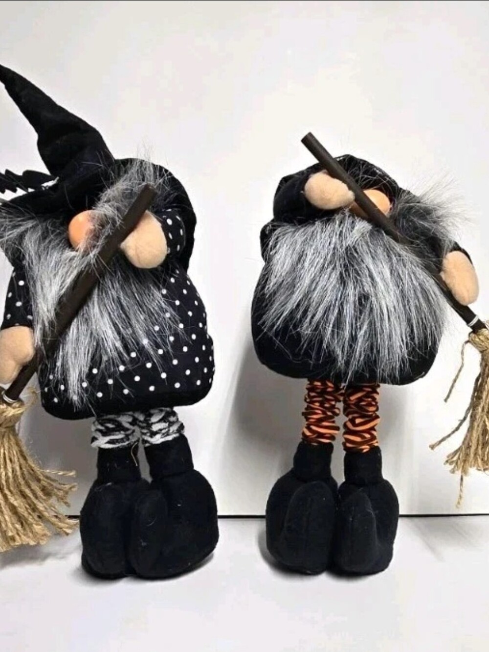 Set of 2 Halloween Witch Gnomes Plush Fabric Figurines w/ Brooms